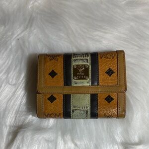 MCM Cognac Monogram Tri-Stripe Wallet with Black and Olive Accents